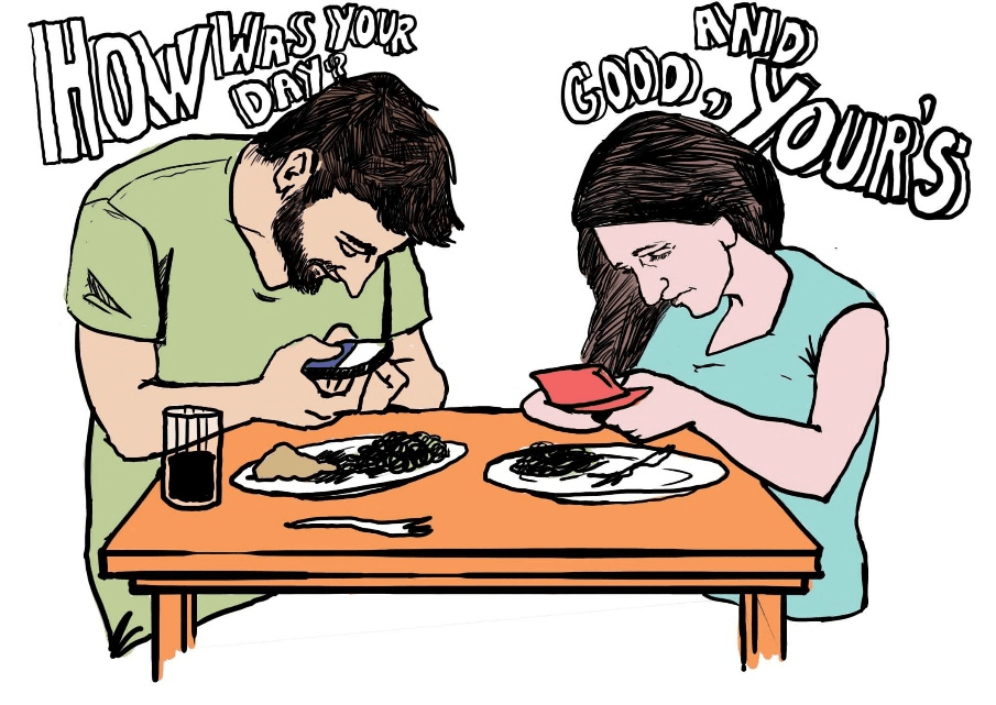 Man and women texting in mobile while eating Man and women texting in mobile while eating