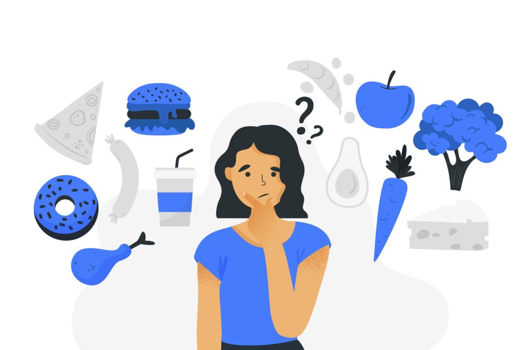 Illustration of women choosing between junk food and veggies Illustration of women choosing between junk food and veggies
