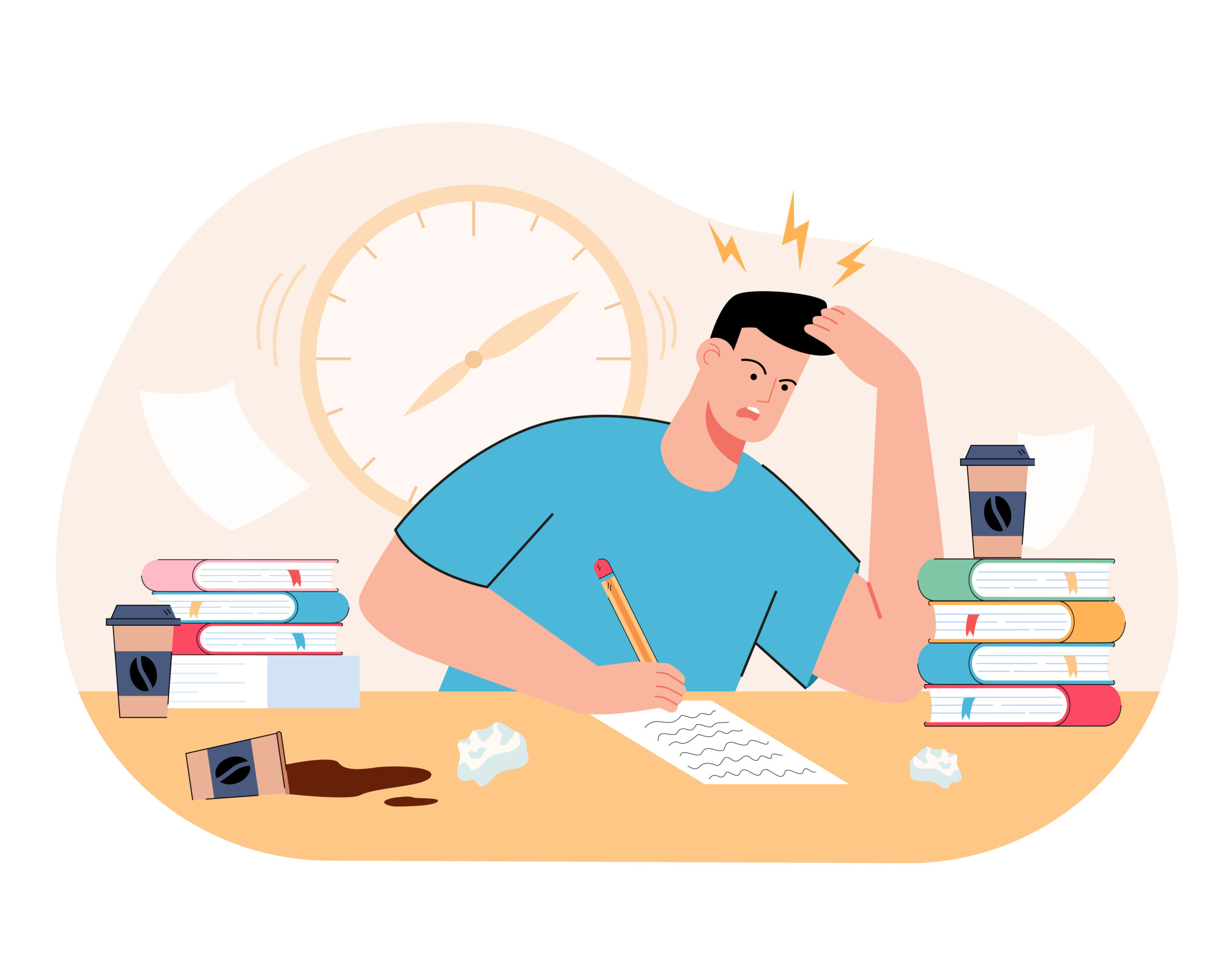 Stressed millennial guy studying before exams