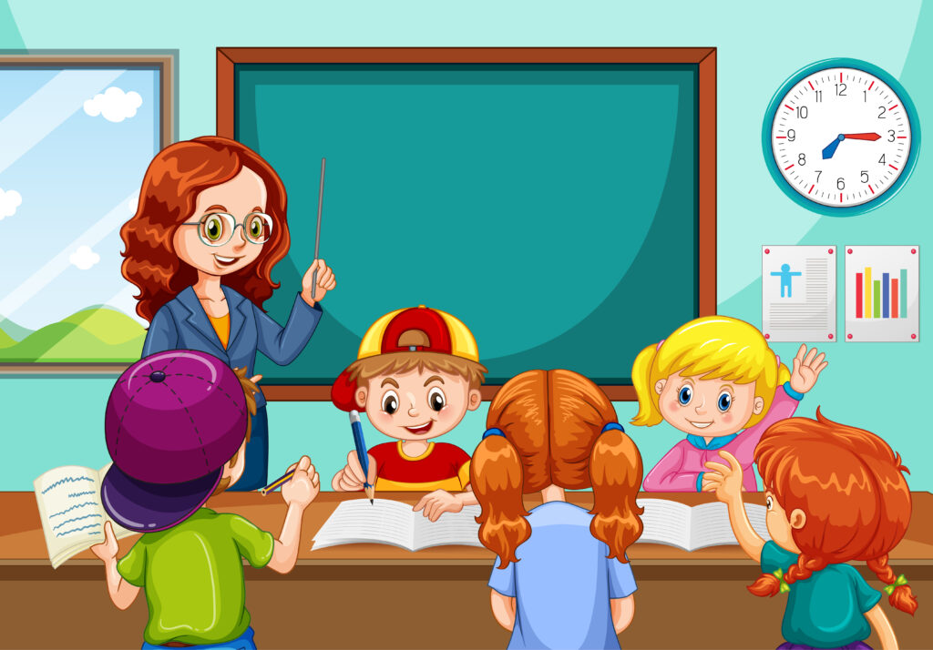 Teacher teaching students in the classroom scene illustration